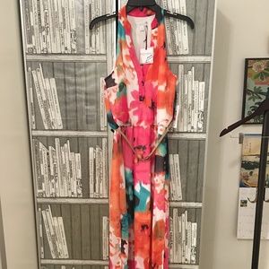 Watercolor Floral Chiffon Halter Belted Maxi Dress